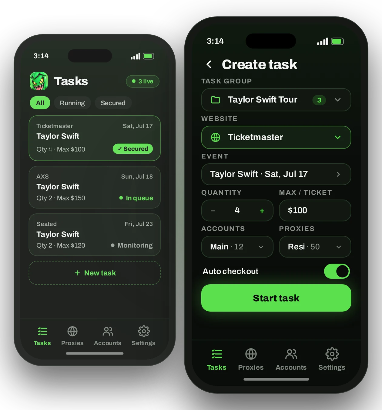 The TIXONYX app on two phones: a Tasks screen listing Ticketmaster, AXS and Seated tasks with Secured, In queue and Monitoring statuses, and a Create task screen with task group, website, event, quantity, max price per ticket, accounts, proxies, an auto checkout toggle and a Start task button.